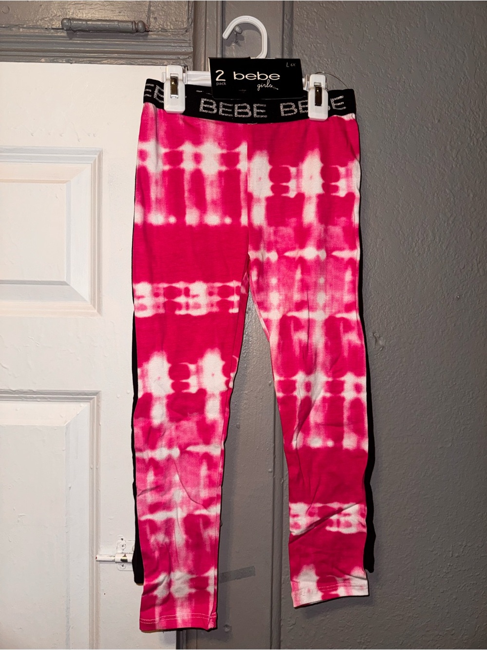Bebe 2pack NWT girls leggings pink tie dye and black size L (6X)